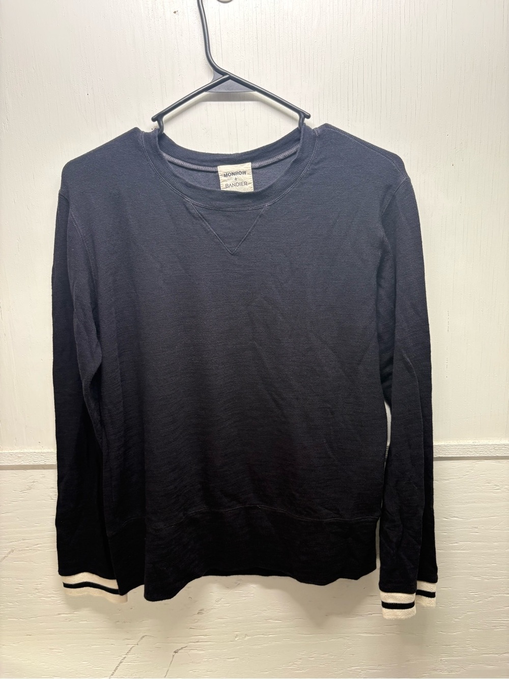 Monrow Black Crewneck Sweater with White Cuff Stripes